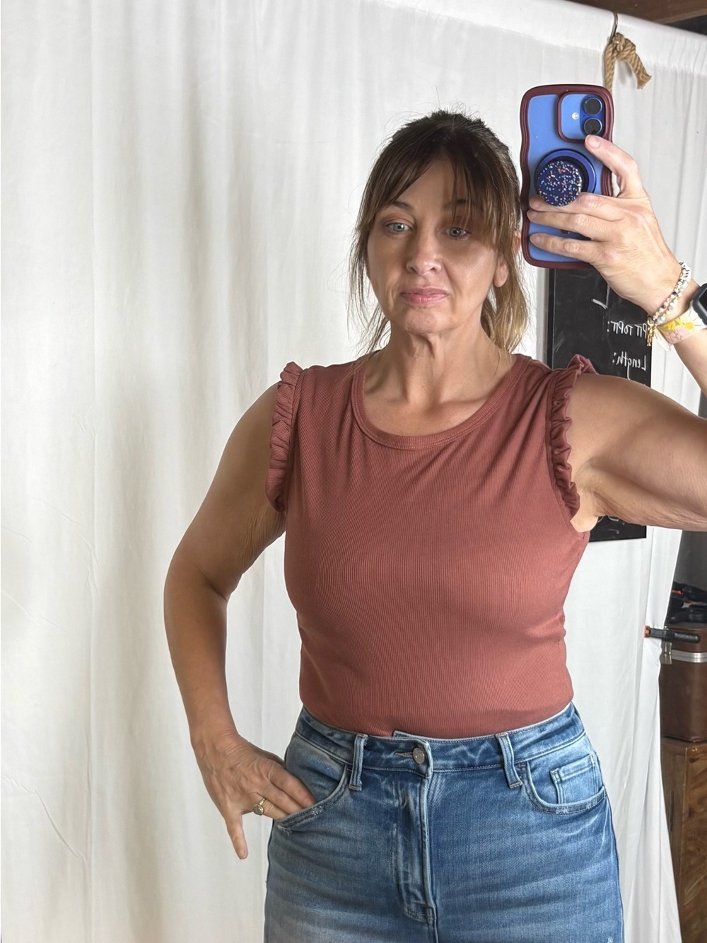 Ribbed Ruffle-Sleeve Tank Top bodysuit in Rust